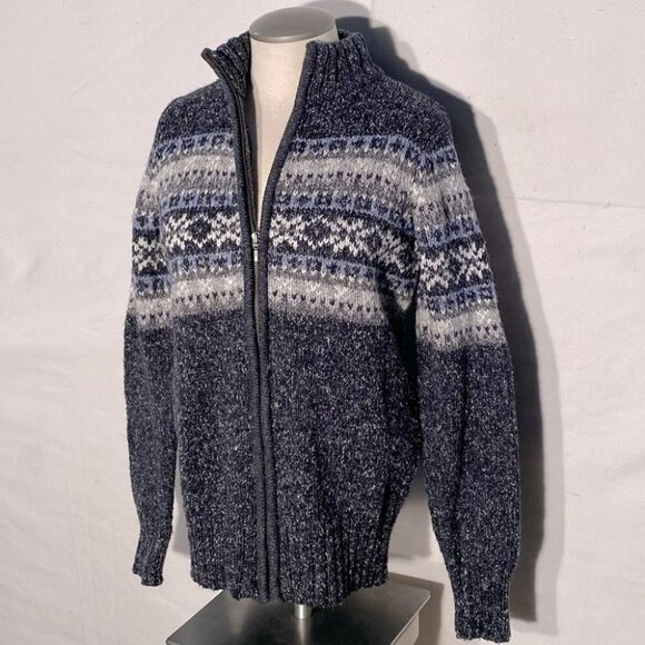 Vintage One On One Full Front Zip Grey Mock Neck Fair Isle Grandma Sweater M - Picture 3 of 11